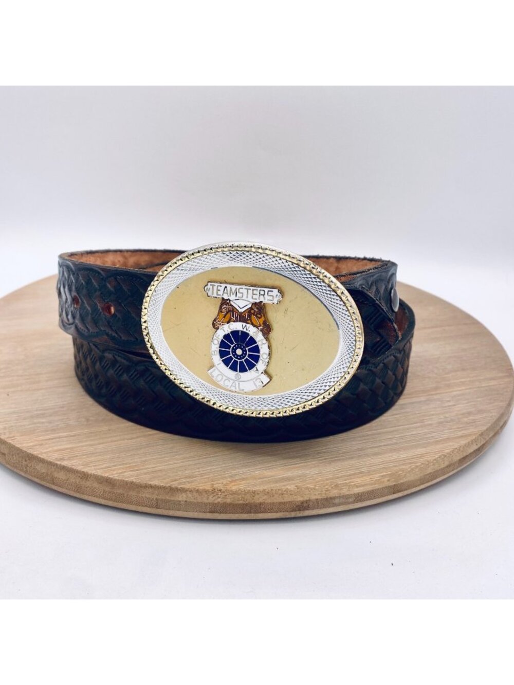 Vintage Teamsters Union Belt Mens 38 Brown Woven Full Grain Leather Buckle USA
